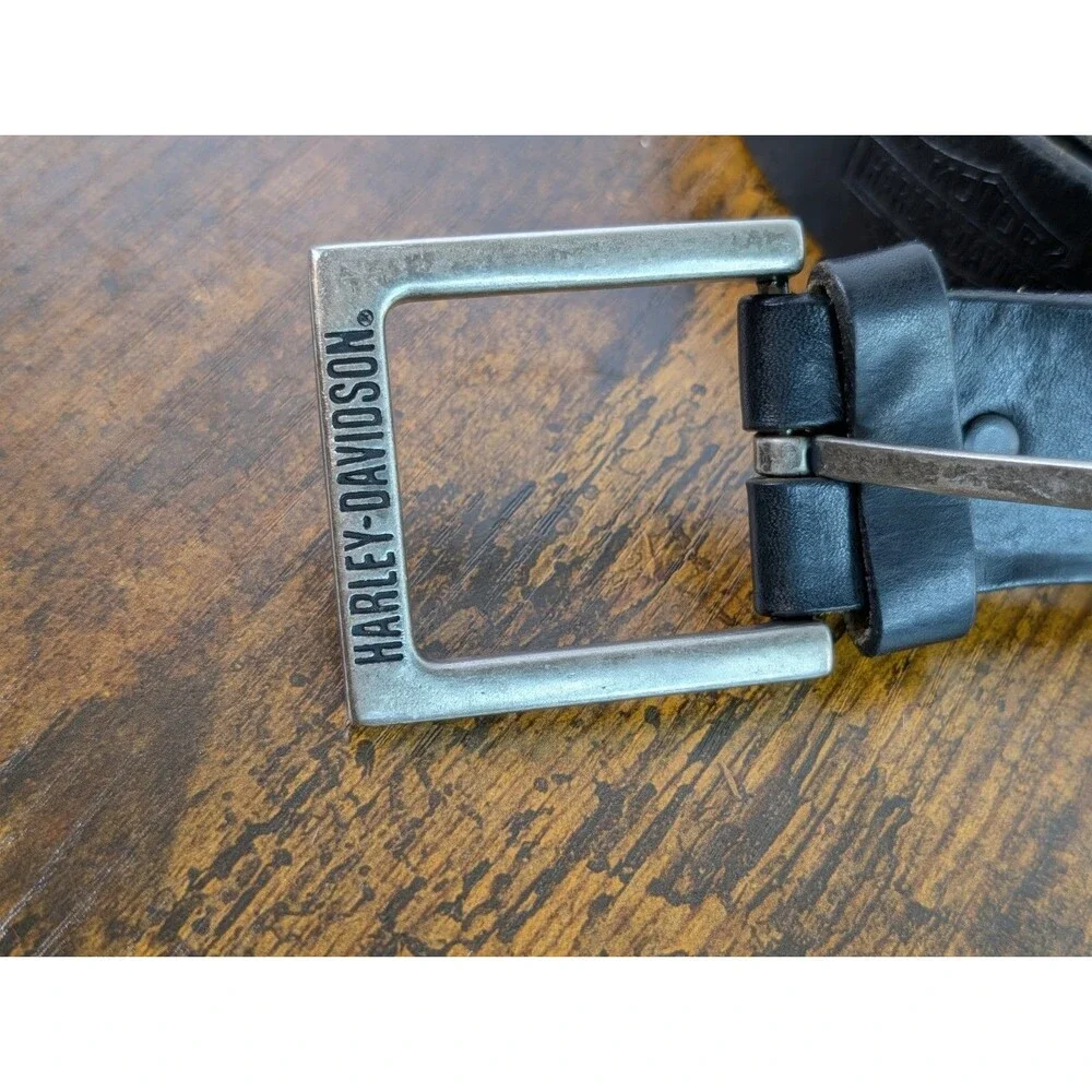 Harley Davidson Black Cowhide Leather Stamped Belt with Silver Buckle Size 50 US